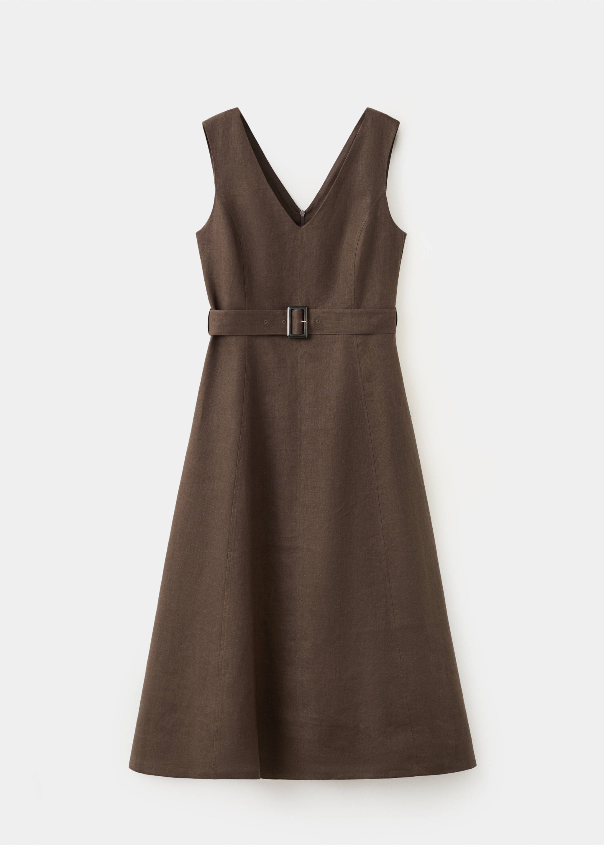 Linen midi-dress with belt - Article without model, Chocolate. Ref: 37051414-00.