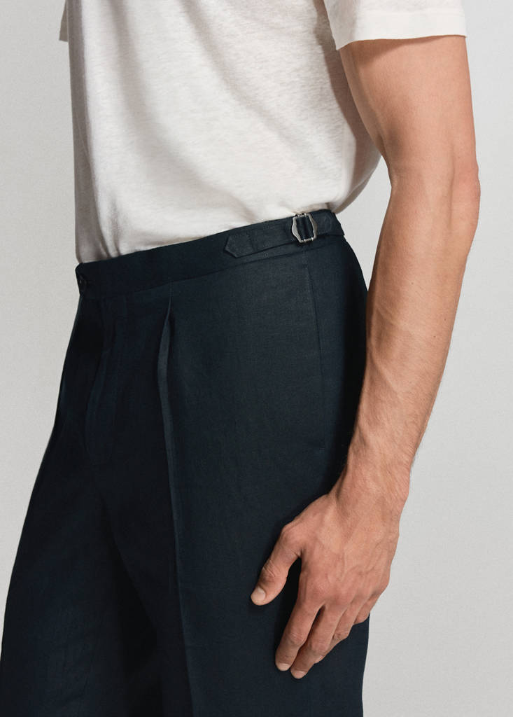 Linen-cotton blend trousers with adjustable drawstrings — Navy