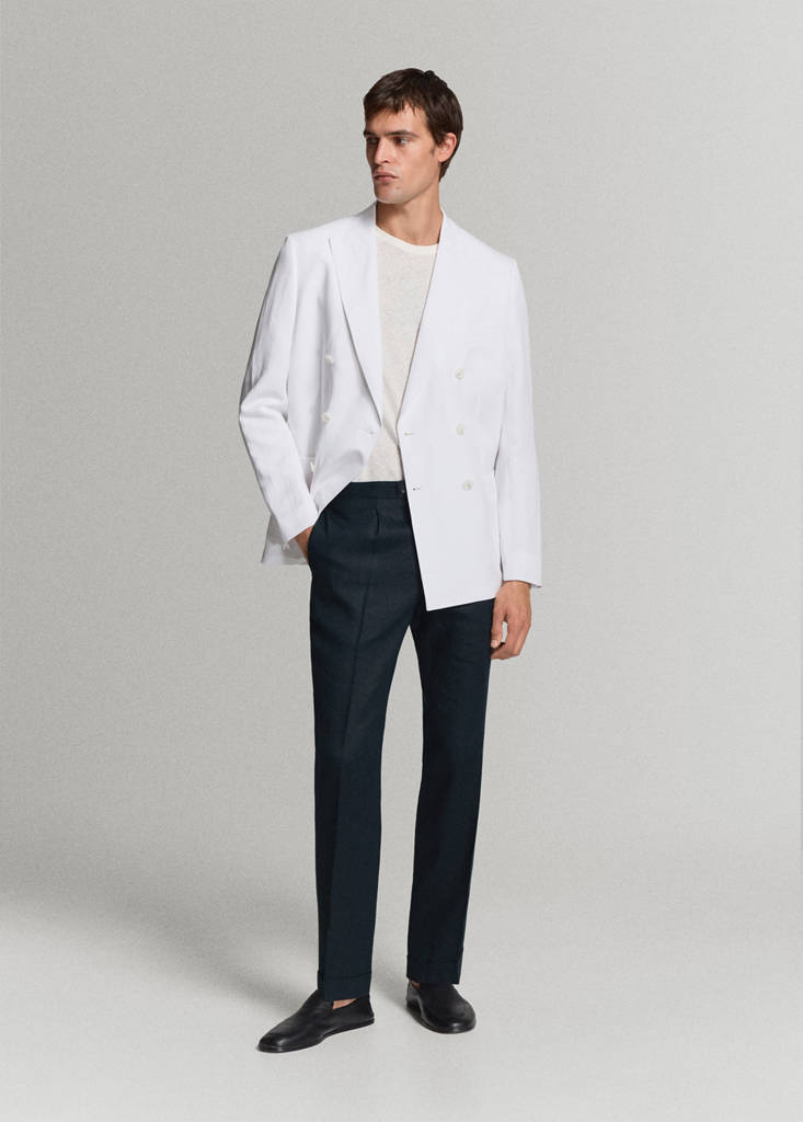 Linen-cotton blend trousers with adjustable drawstrings — Navy
