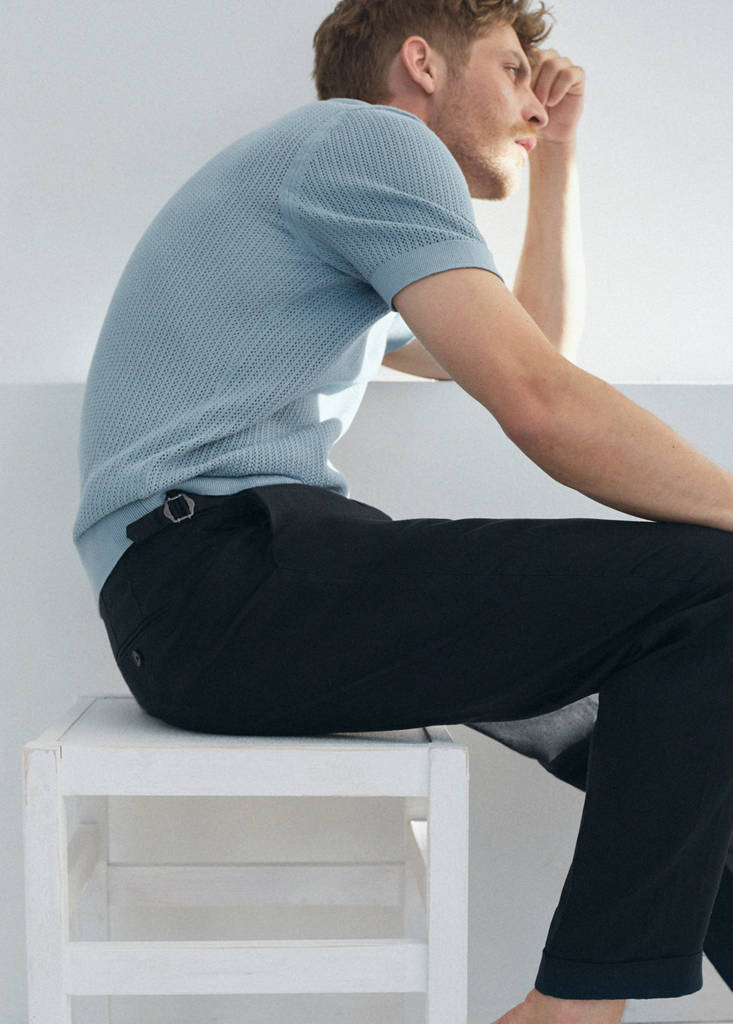 Linen-cotton blend trousers with adjustable drawstrings — Navy