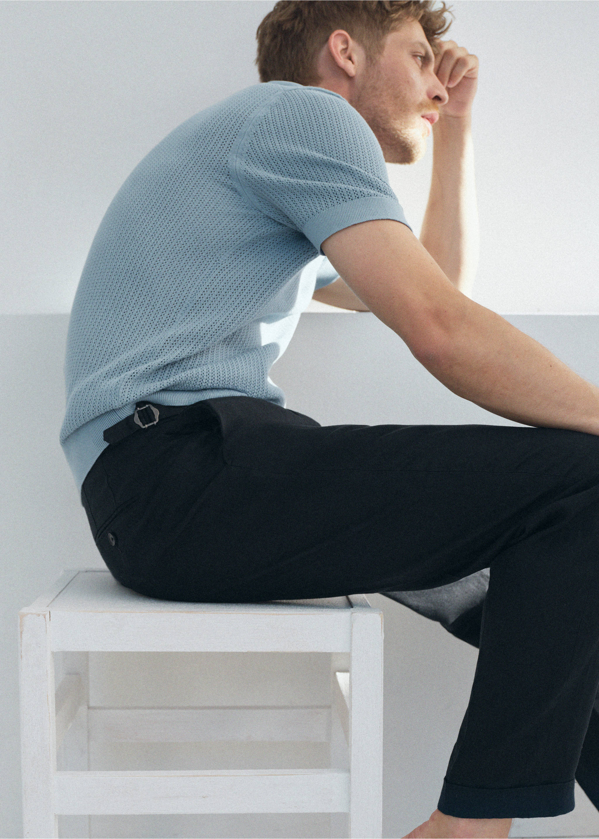 100% linen trousers with adjustable straps - Details of the article 5, Navy. Ref: 37051415-00.