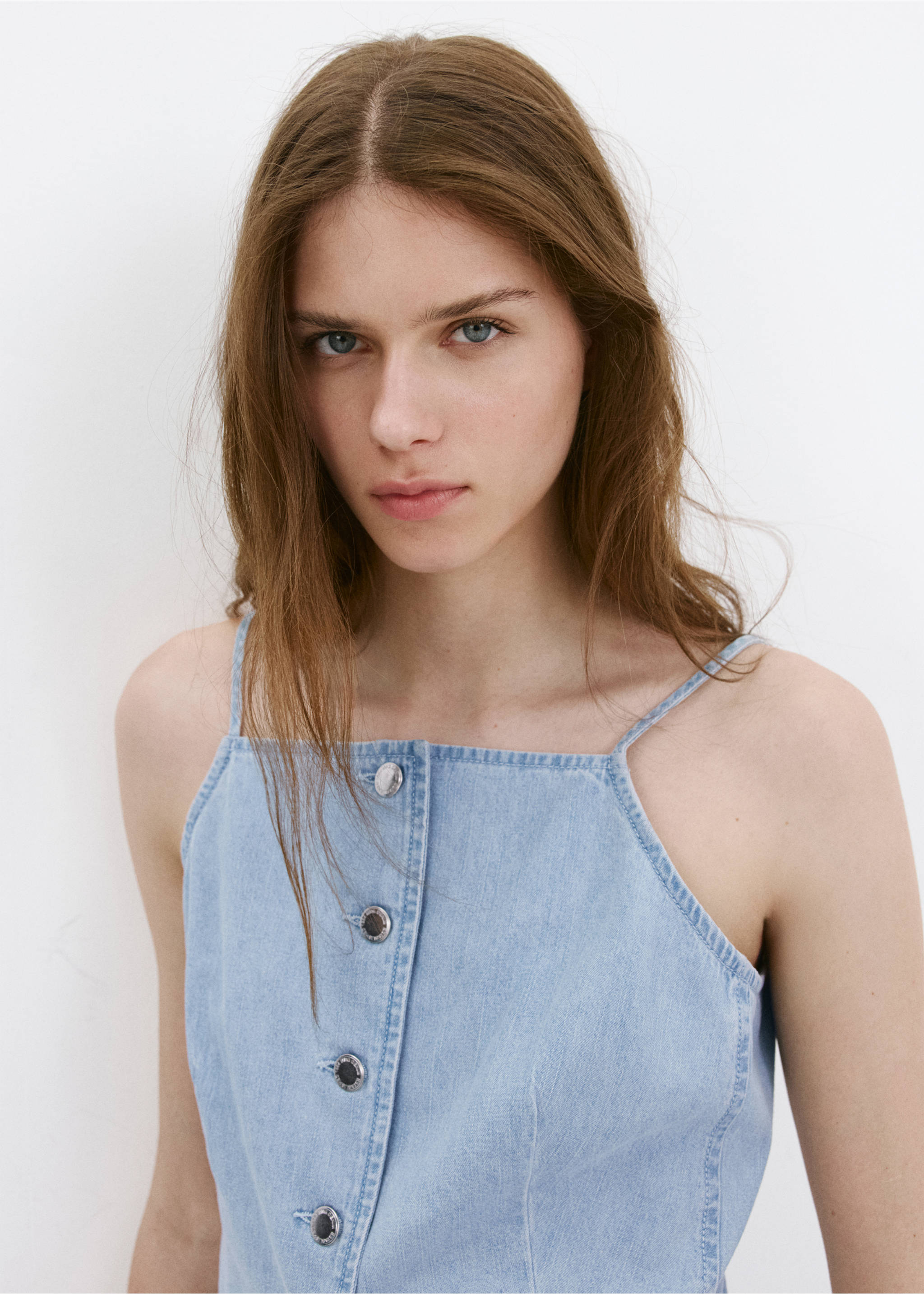 Denim buttoned gilet - Details of the article 1, Light Blue. Ref: 37051418-00.