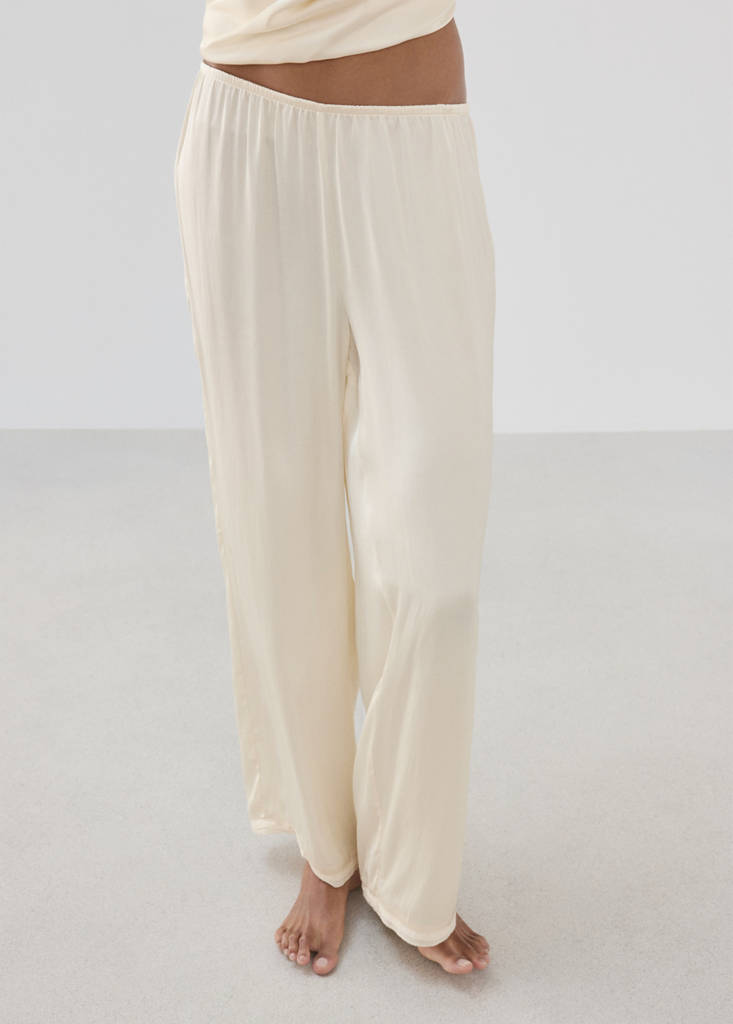 Satin lace-trim pyjama trousers — Ivory White