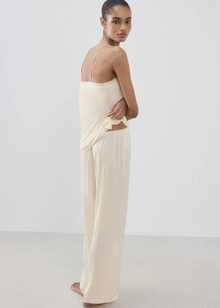 Satin lace-trim pyjama trousers — Ivory White