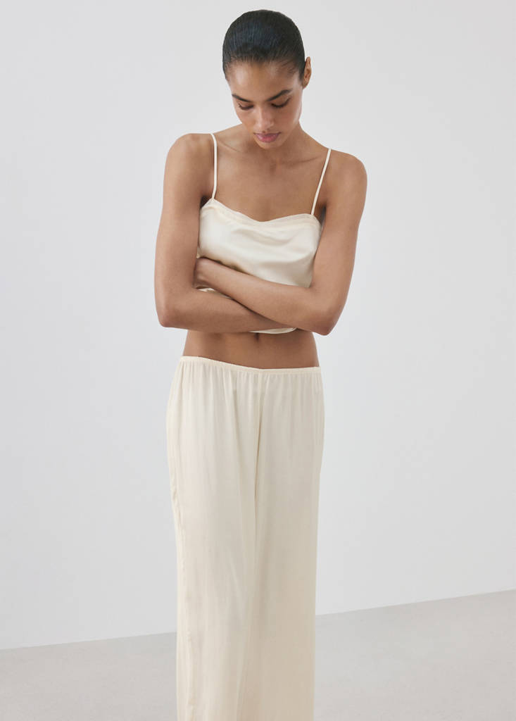 Satin lace-trim pyjama trousers — Ivory White