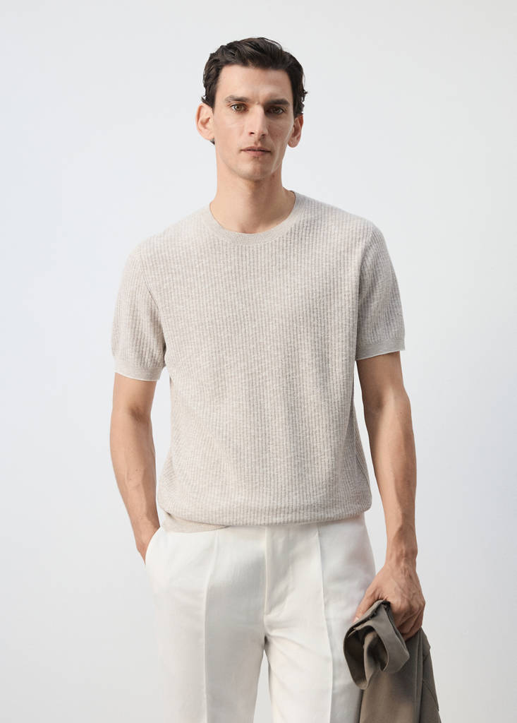 Ribbed cotton-linen blend T-shirt — Sand
