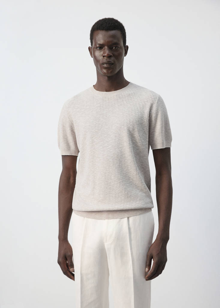 Ribbed cotton-linen blend T-shirt — Sand