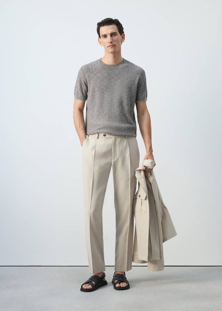 Ribbed cotton-linen blend T-shirt — Navy