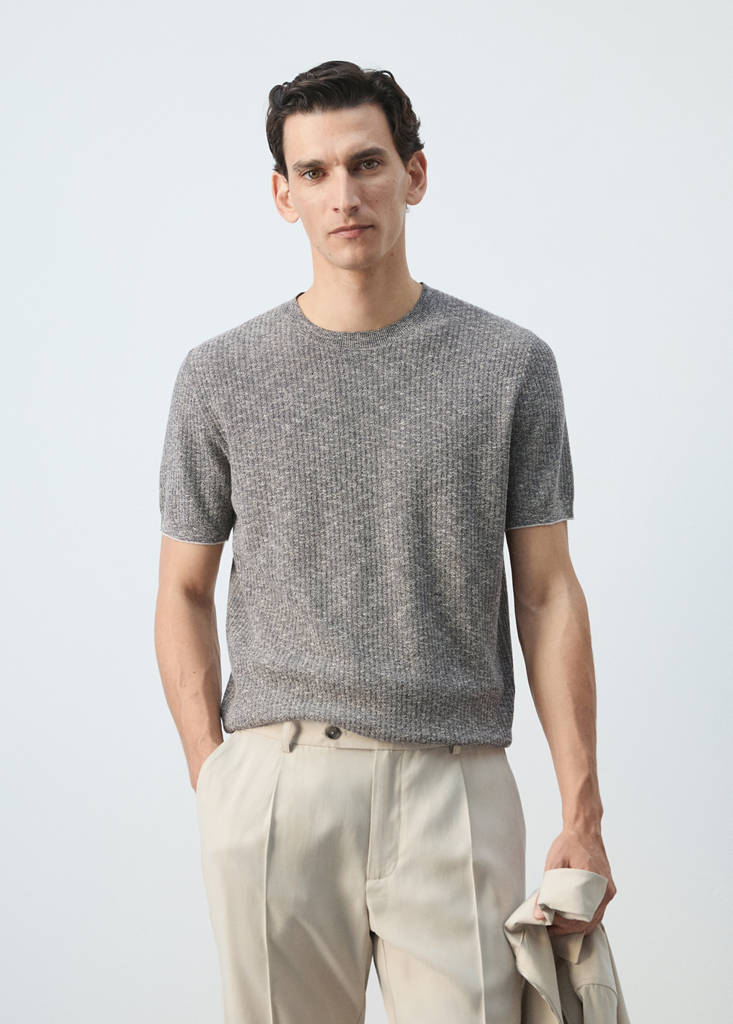 Ribbed cotton-linen blend T-shirt — Navy