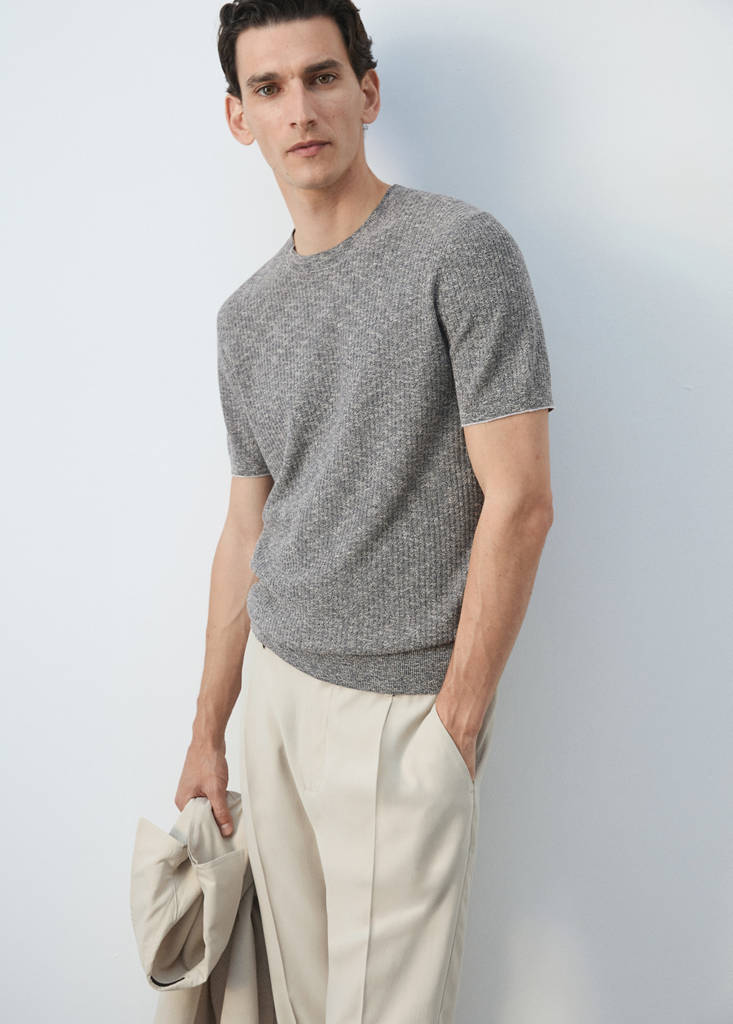 Ribbed cotton-linen blend T-shirt — Navy