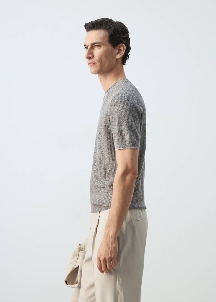 Ribbed cotton-linen blend T-shirt — Navy