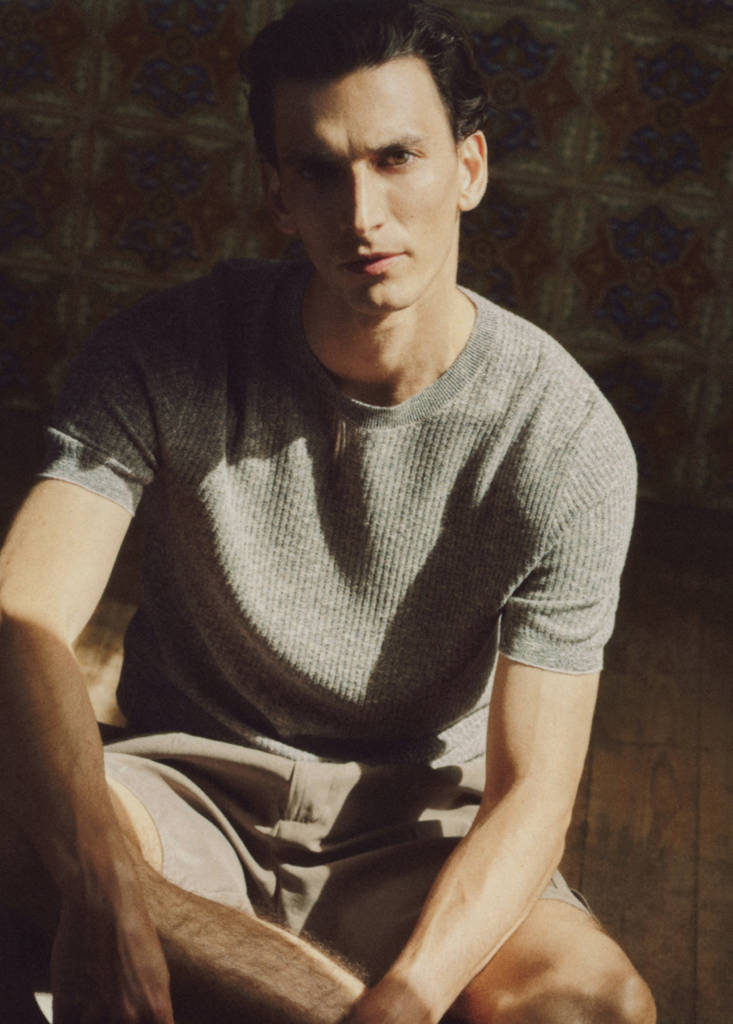 Ribbed cotton-linen blend T-shirt — Navy