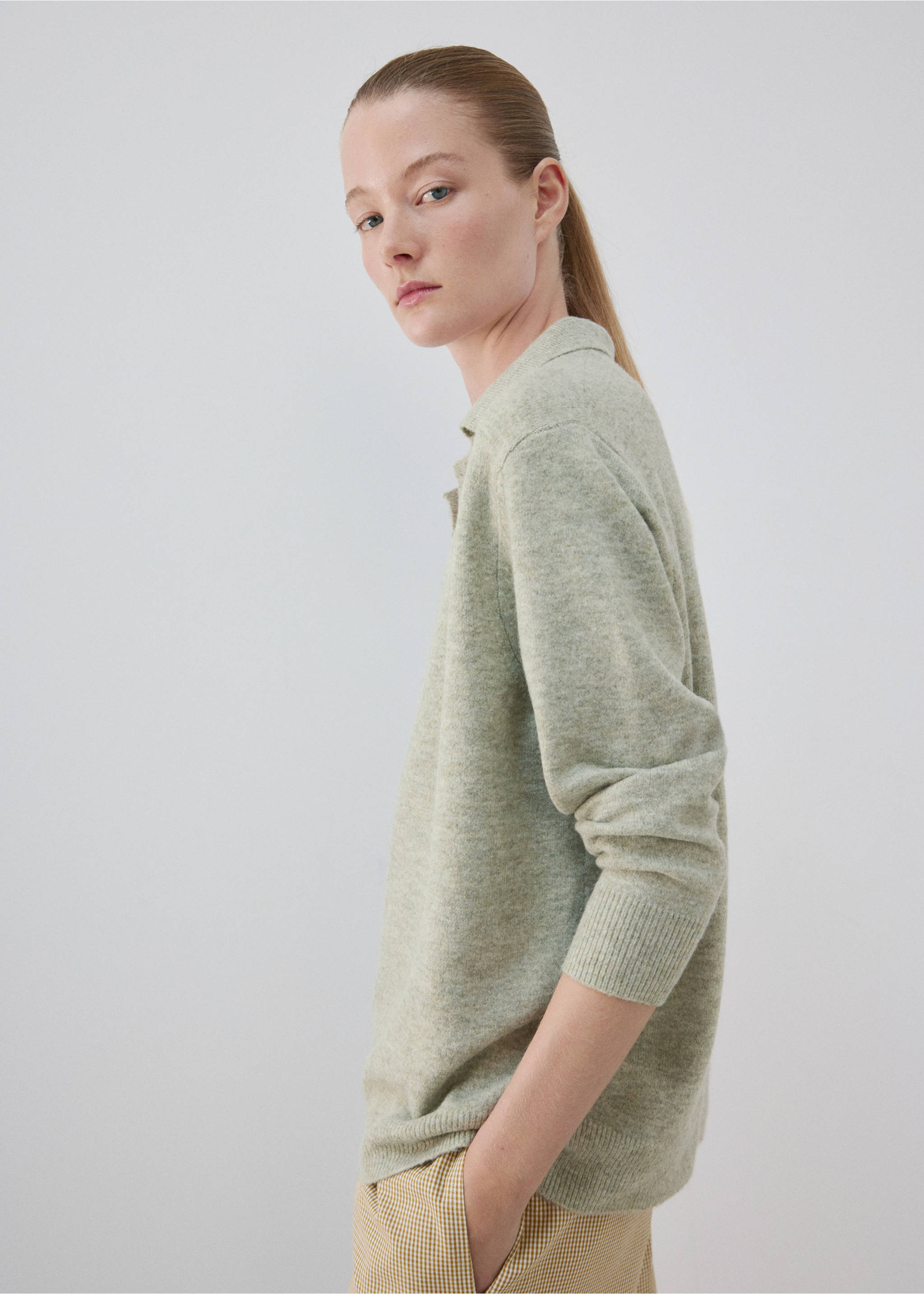 Knitted polo-neck sweater - Details of the article 1, Beige. Ref: 37051449-00.