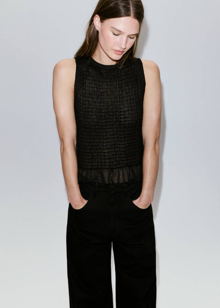 Semi-transparent ruched top — Black
