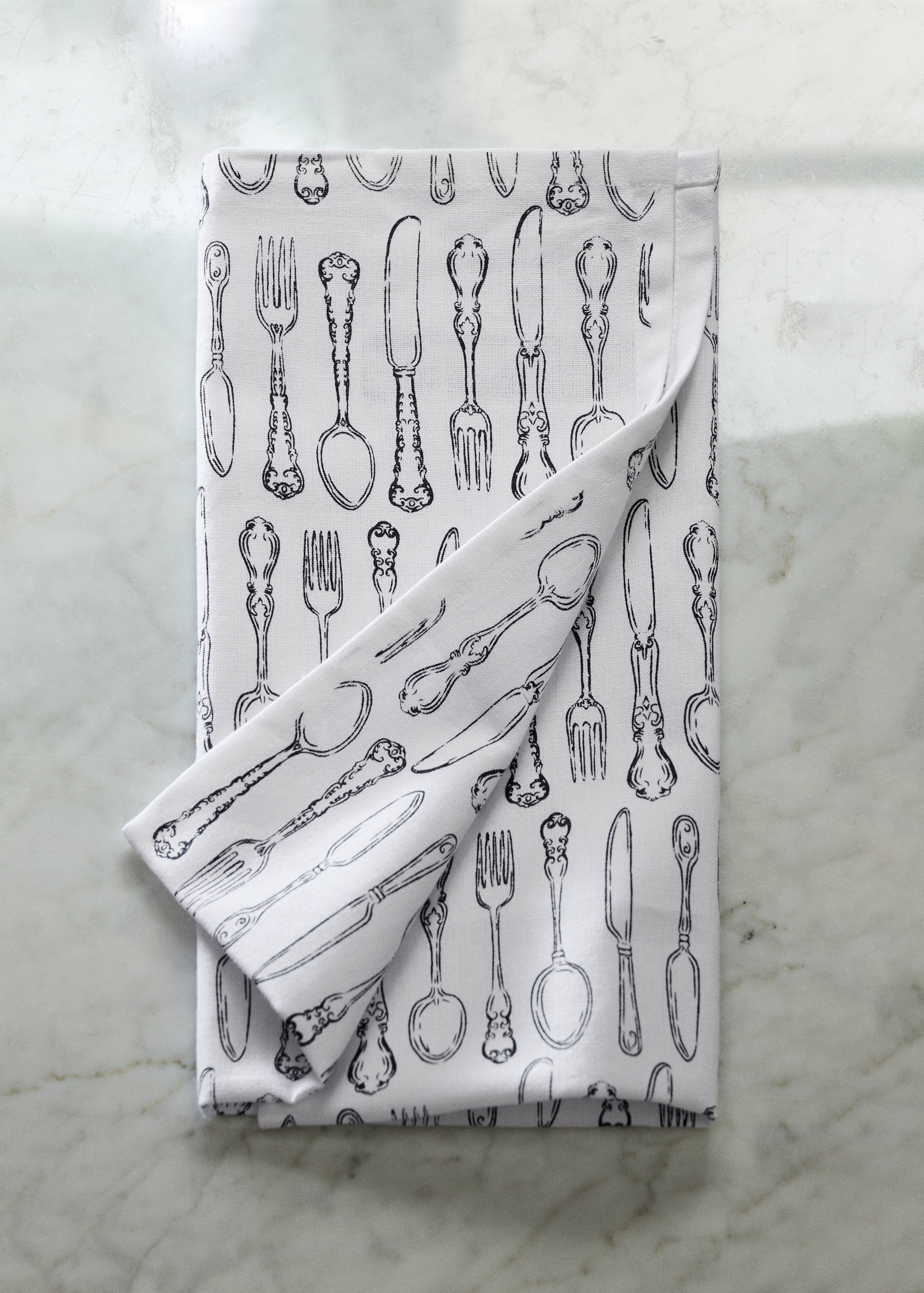 Torchon de cuisine en coton imprimé avec couverts - Plan général