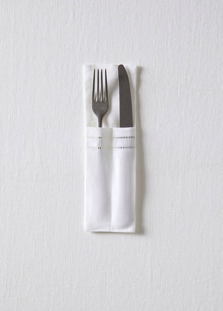 Linen cutlery holders with drawn threadwork detail — White
