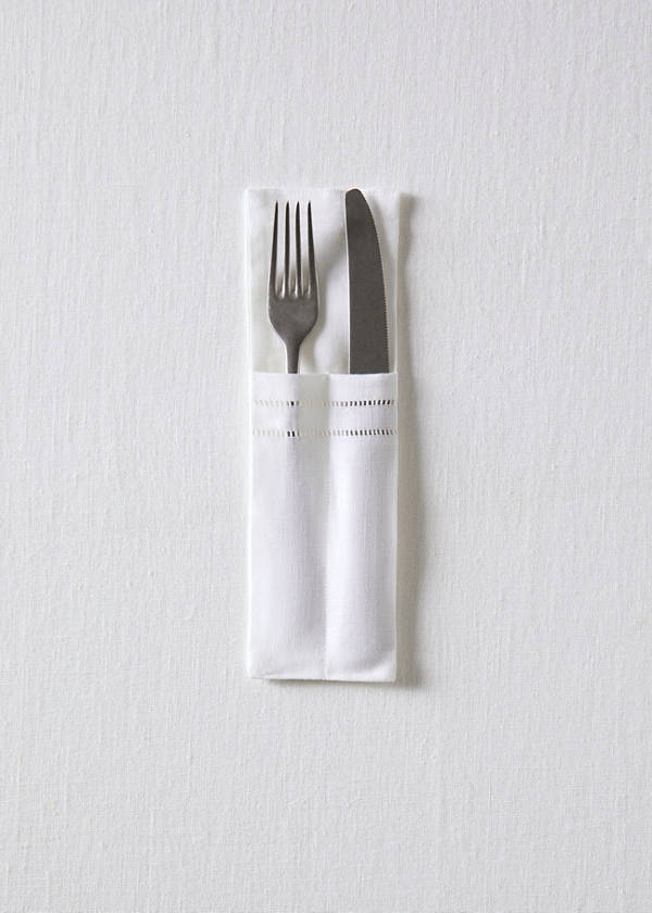 Linen cutlery holders with drawn threadwork detail — White