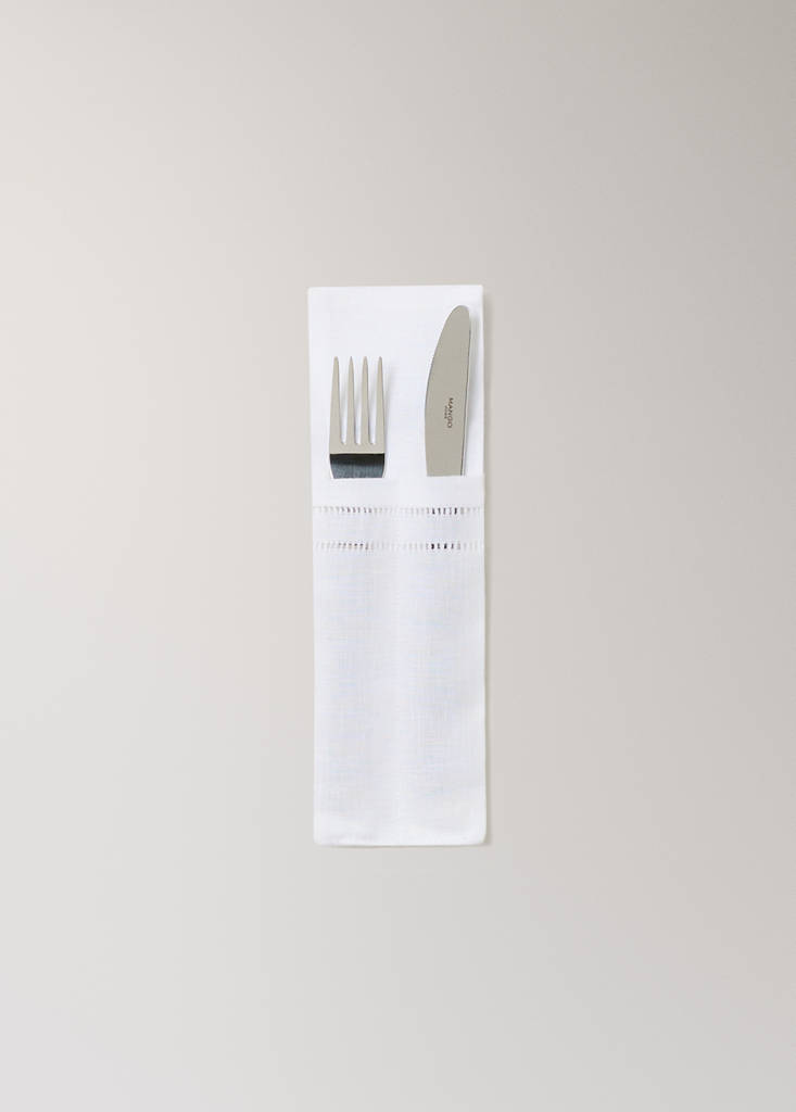 Linen cutlery holders with drawn threadwork detail — White