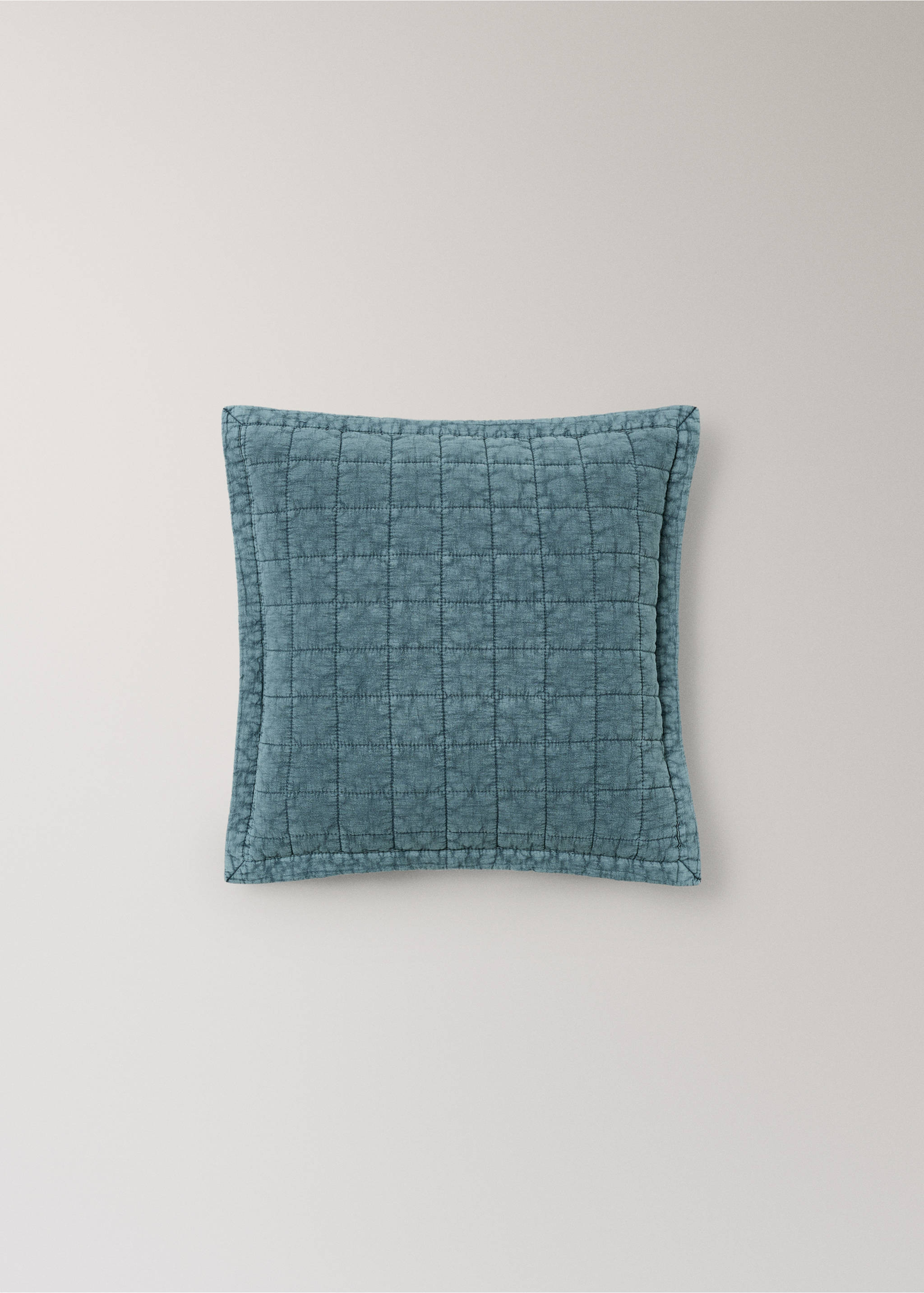 Children's cotton cushion cover with stitched check design - Article without model, Prussian Blue. Ref: 37051485-00.