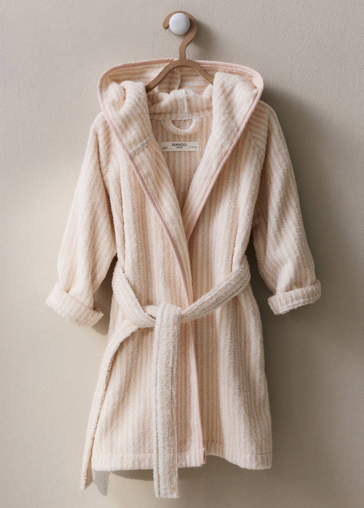 Striped bicolour dressing gown with bias binding and hood — Nude