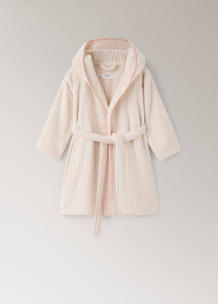 Striped bicolour dressing gown with bias binding and hood — Nude