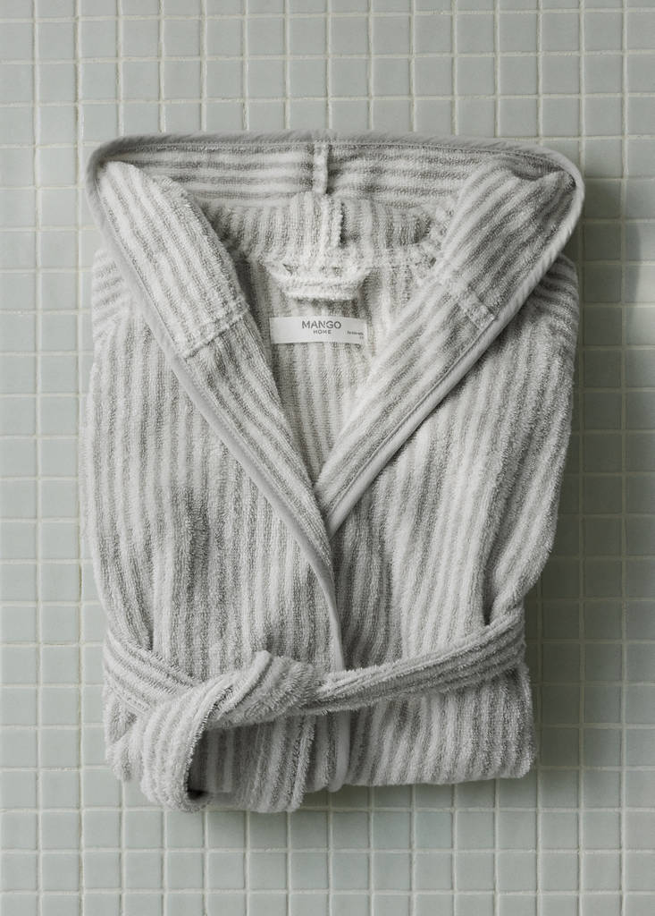 Striped bicolour dressing gown with bias binding and hood — Grey