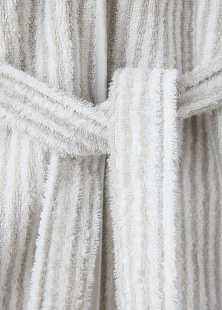 Striped bicolour dressing gown with bias binding and hood — Grey