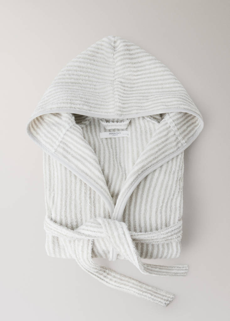 Striped bicolour dressing gown with bias binding and hood — Grey