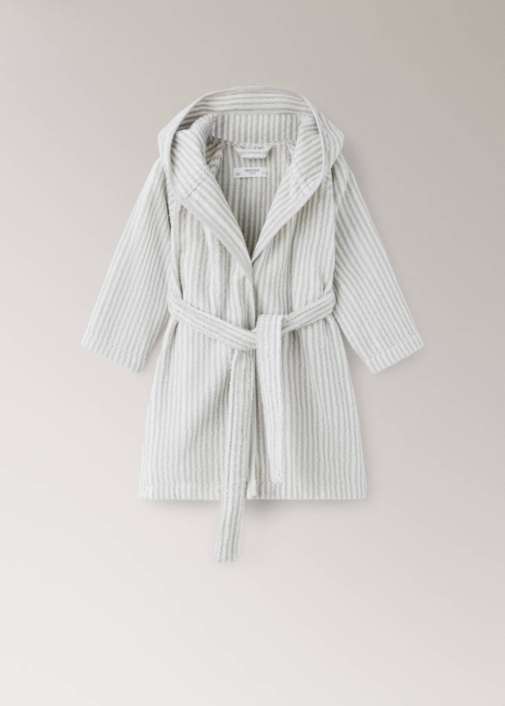 Striped bicolour dressing gown with bias binding and hood — Grey