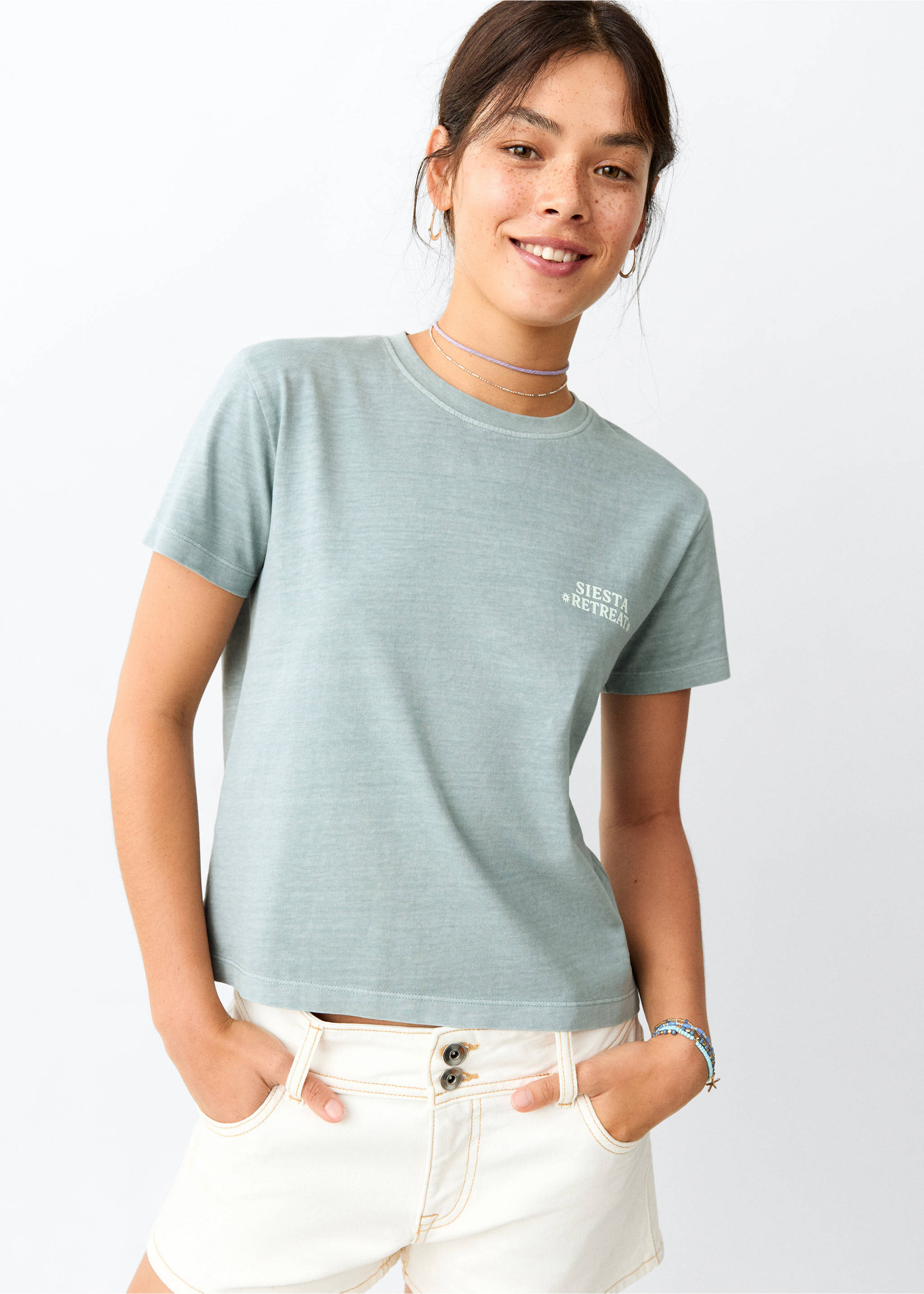 T-shirt en coton imprimé - Plan moyen, Turquoise. Ref: 37051510-00.