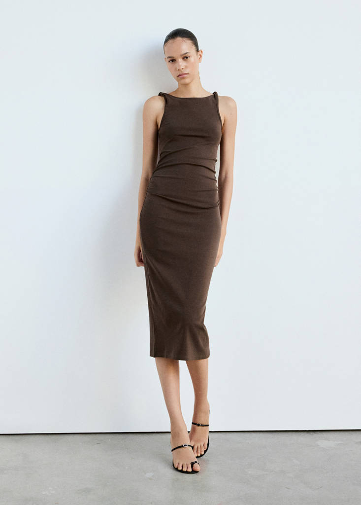 Ruched asymmetric strap dress — Brown
