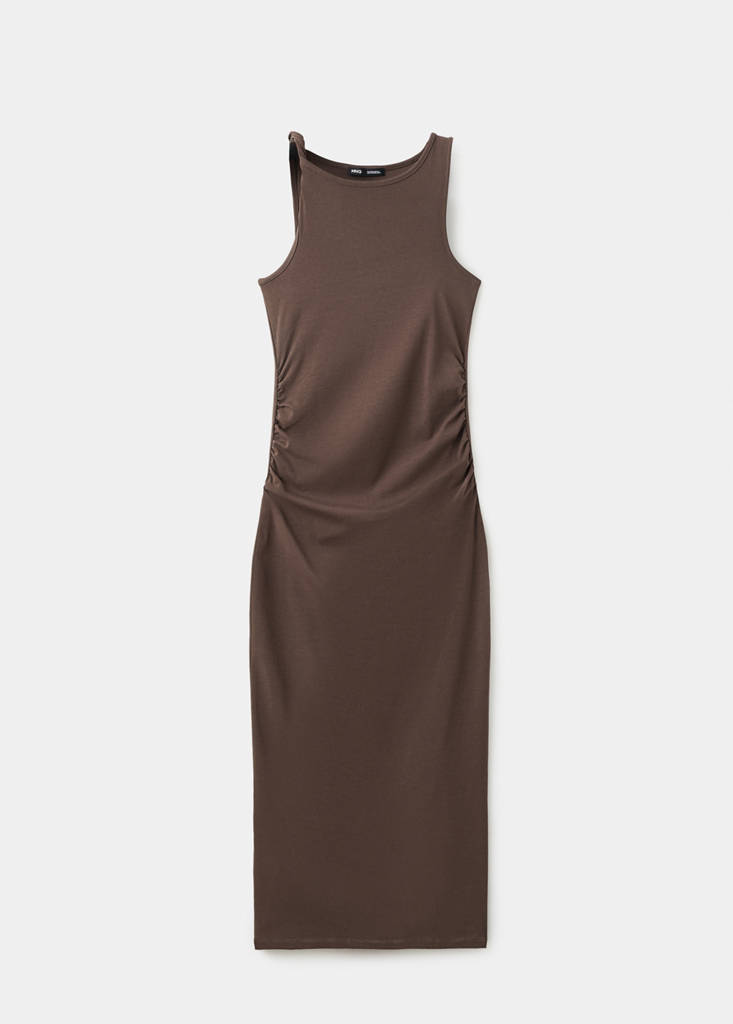 Ruched asymmetric strap dress — Brown