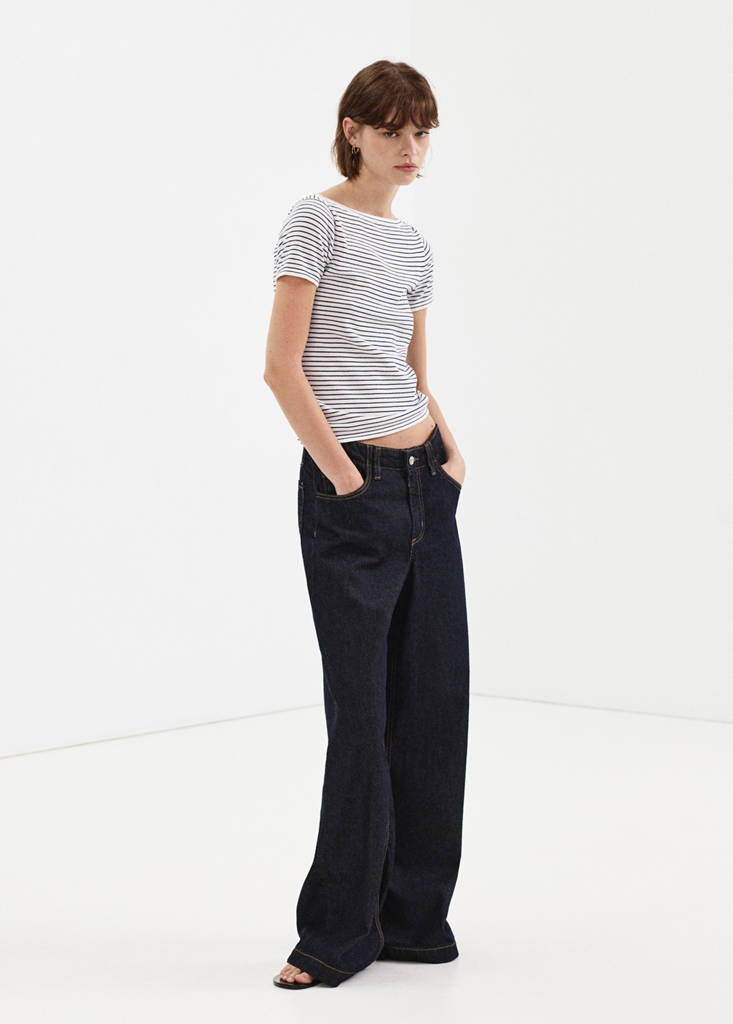 Short-sleeved fine-knit sweater — Navy