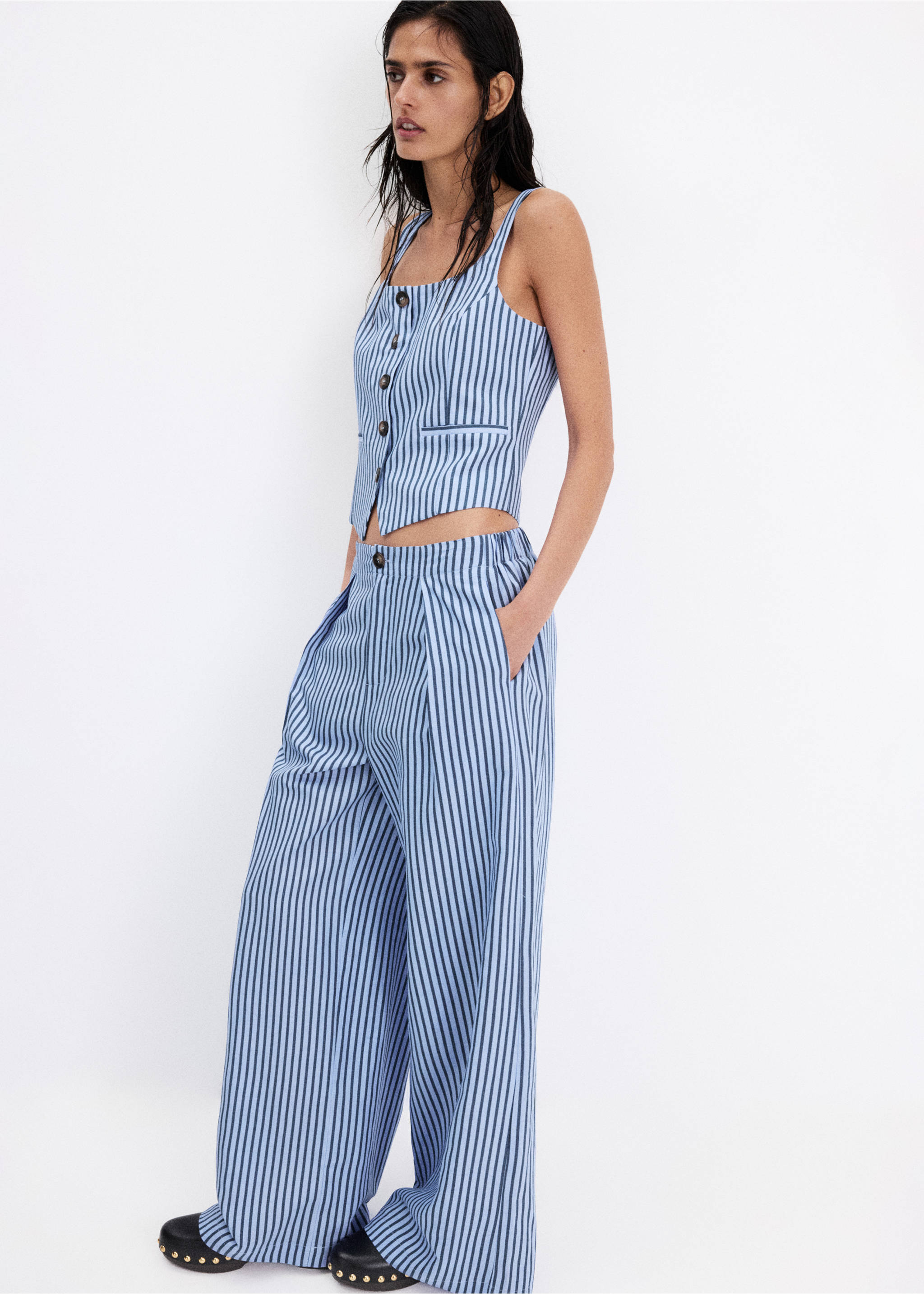 Striped button waistcoat - General plane, Sky Blue. Ref: 37052530-00.
