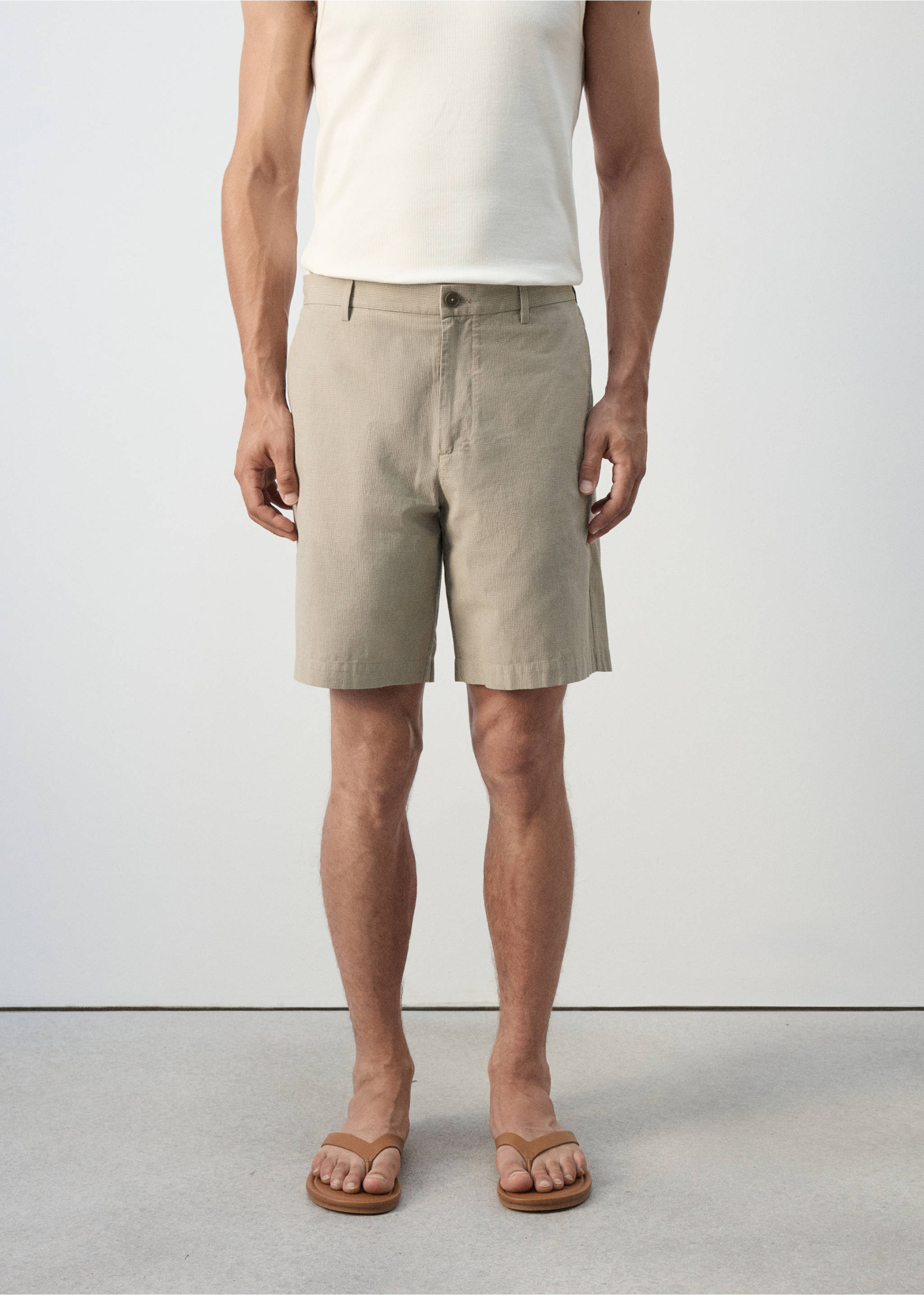 Slim-fit 100% cotton micro-check bermuda shorts - Medium plane, Beige. Ref: 37052889-00.