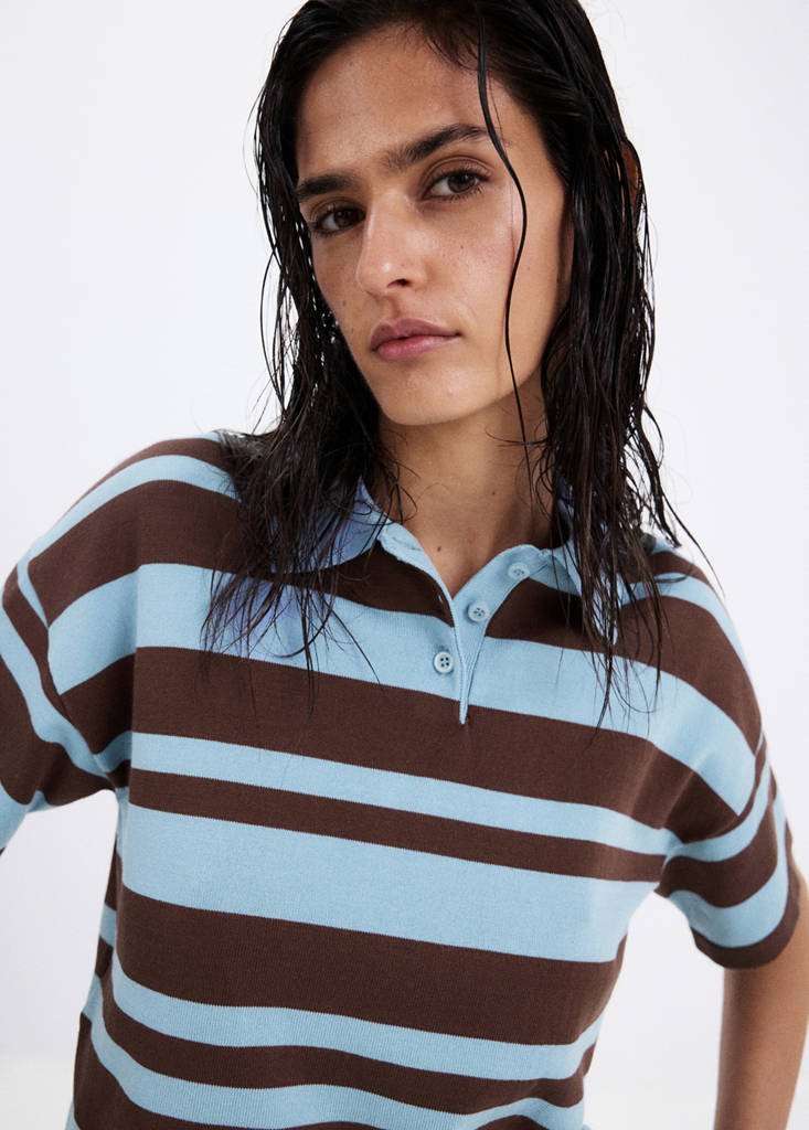 Striped cotton polo shirt — Sky Blue