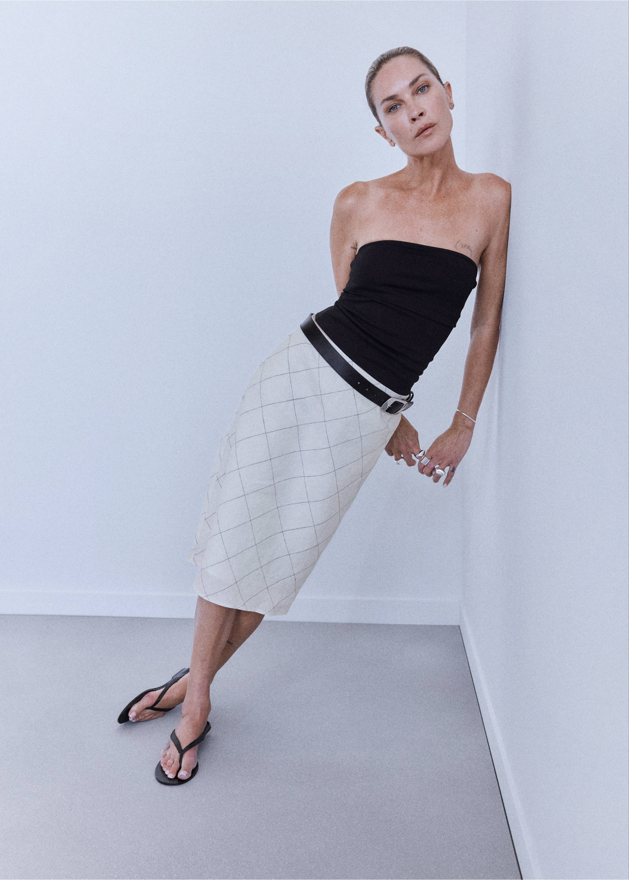 100% linen check skirt - General plane, White. Ref: 37052897-00.