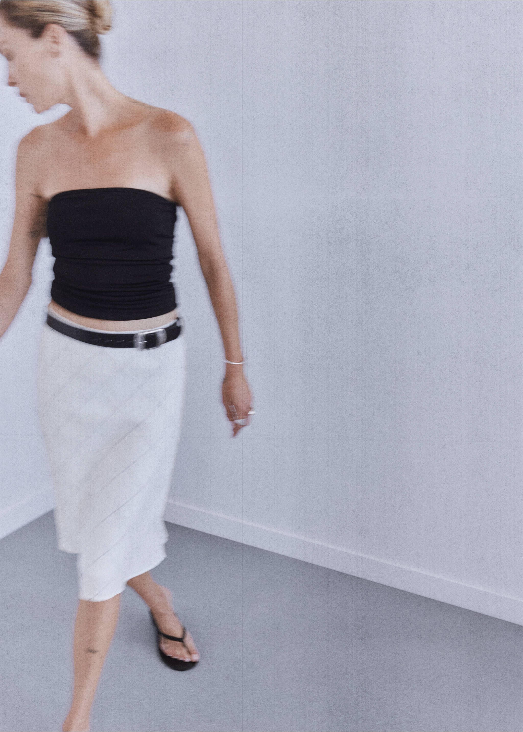 100% linen check skirt - Medium plane, White. Ref: 37052897-00.