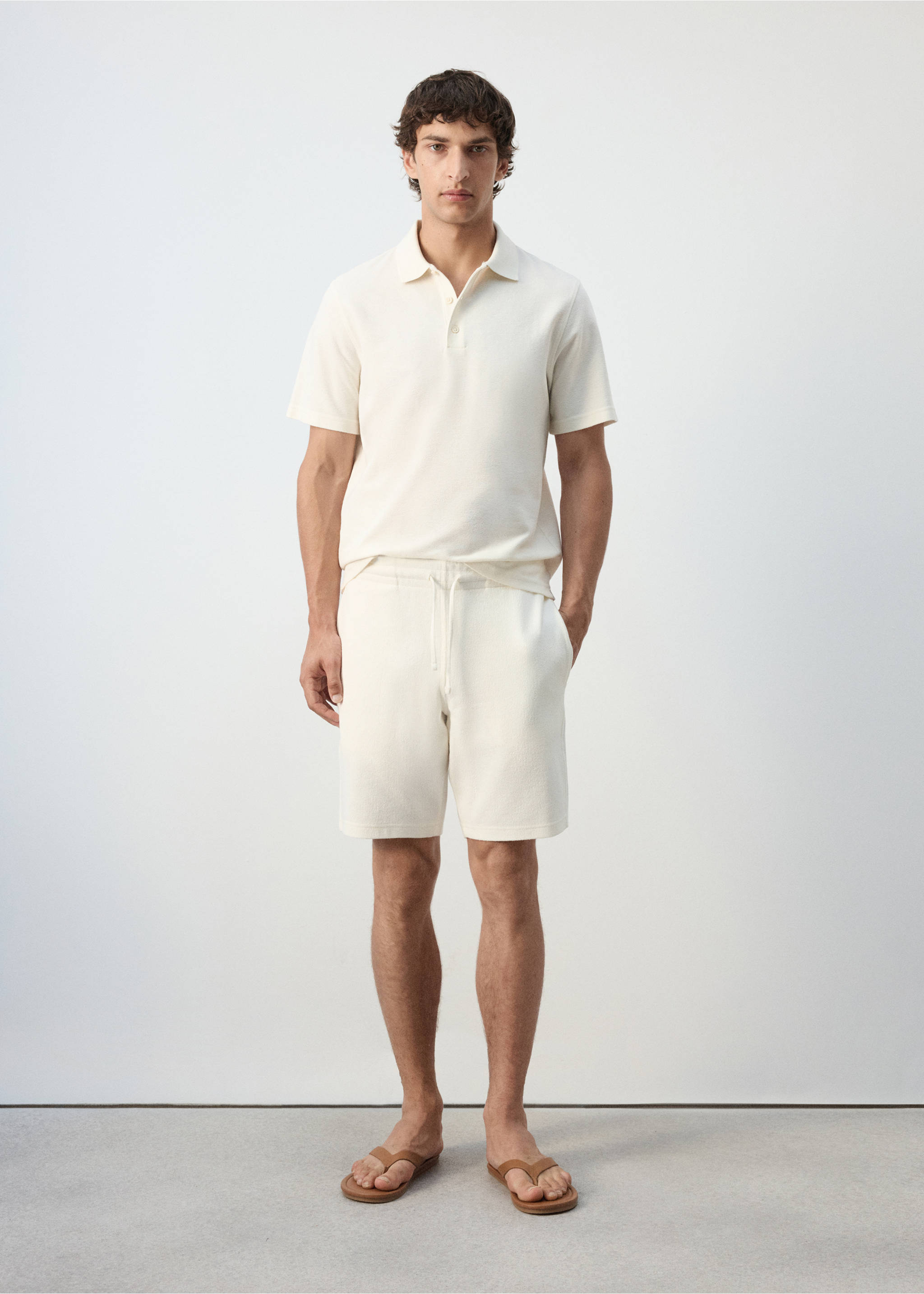 Textured cotton blend Bermuda shorts with drawstring - General plane, White. Ref: 37052898-00.