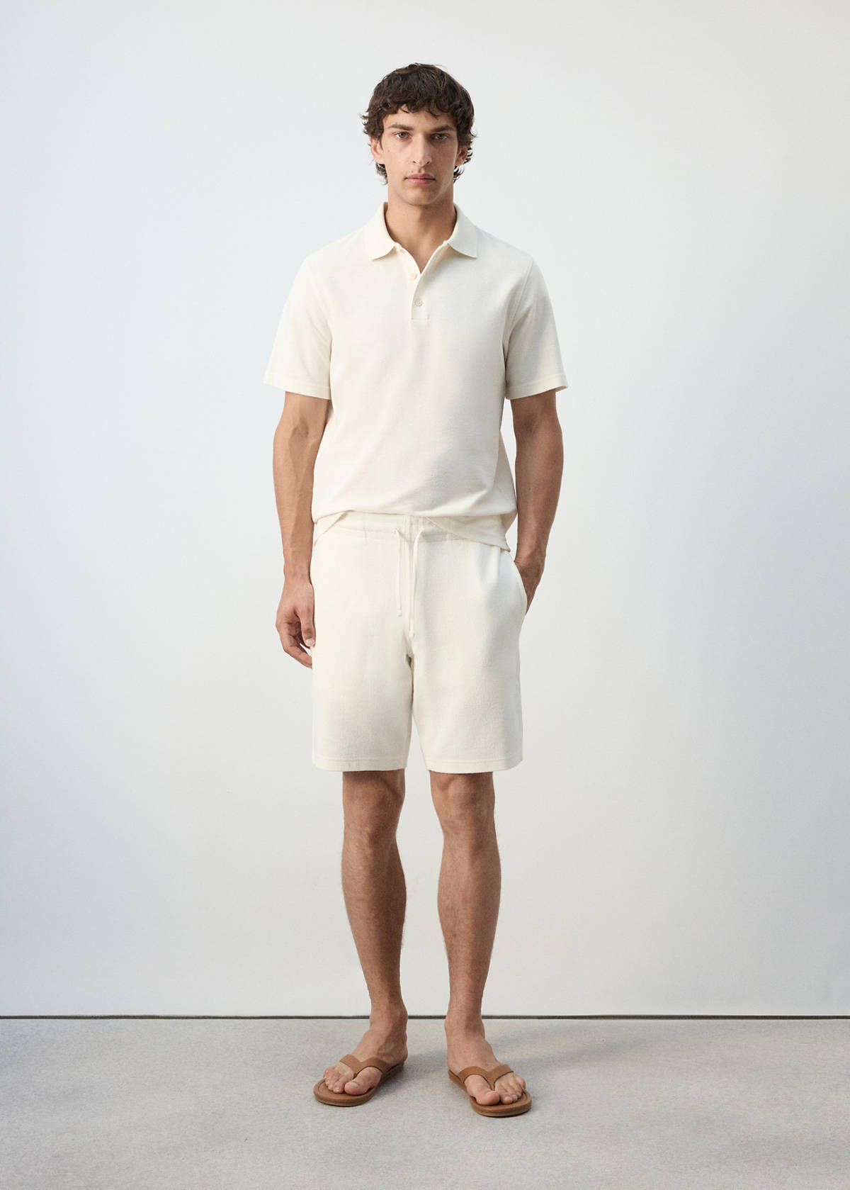Textured cotton blend Bermuda shorts with drawstring — White