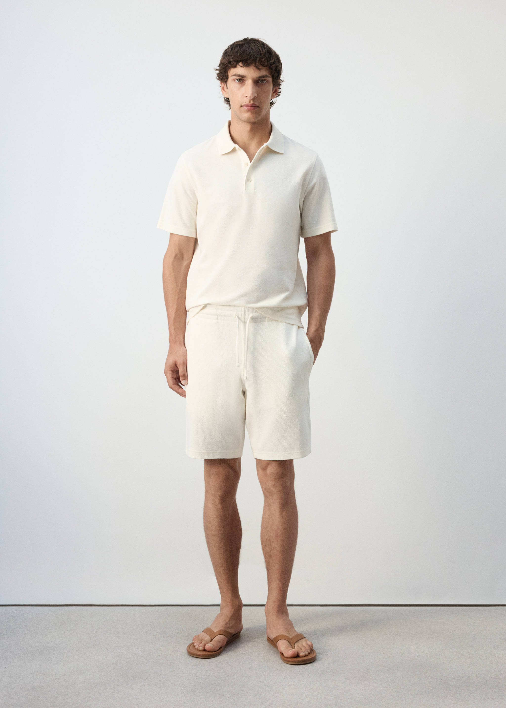 Textured cotton blend Bermuda shorts with drawstring - General plane
