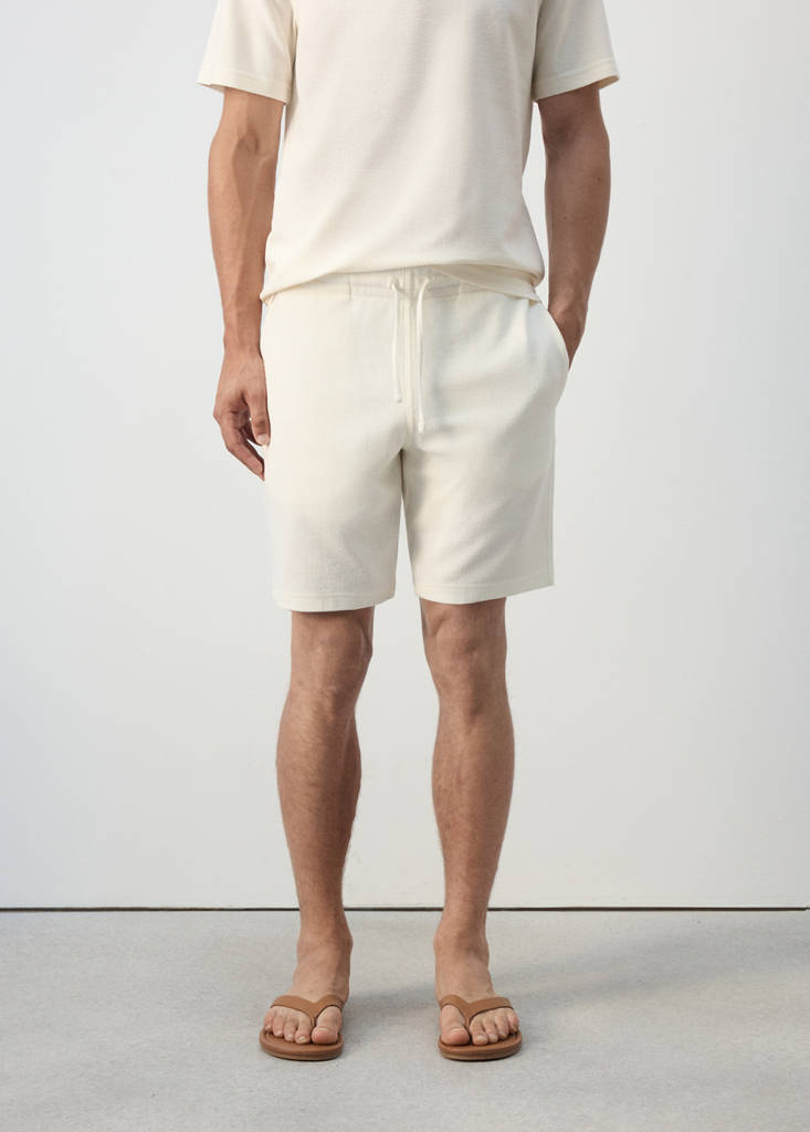Textured cotton blend Bermuda shorts with drawstring — White