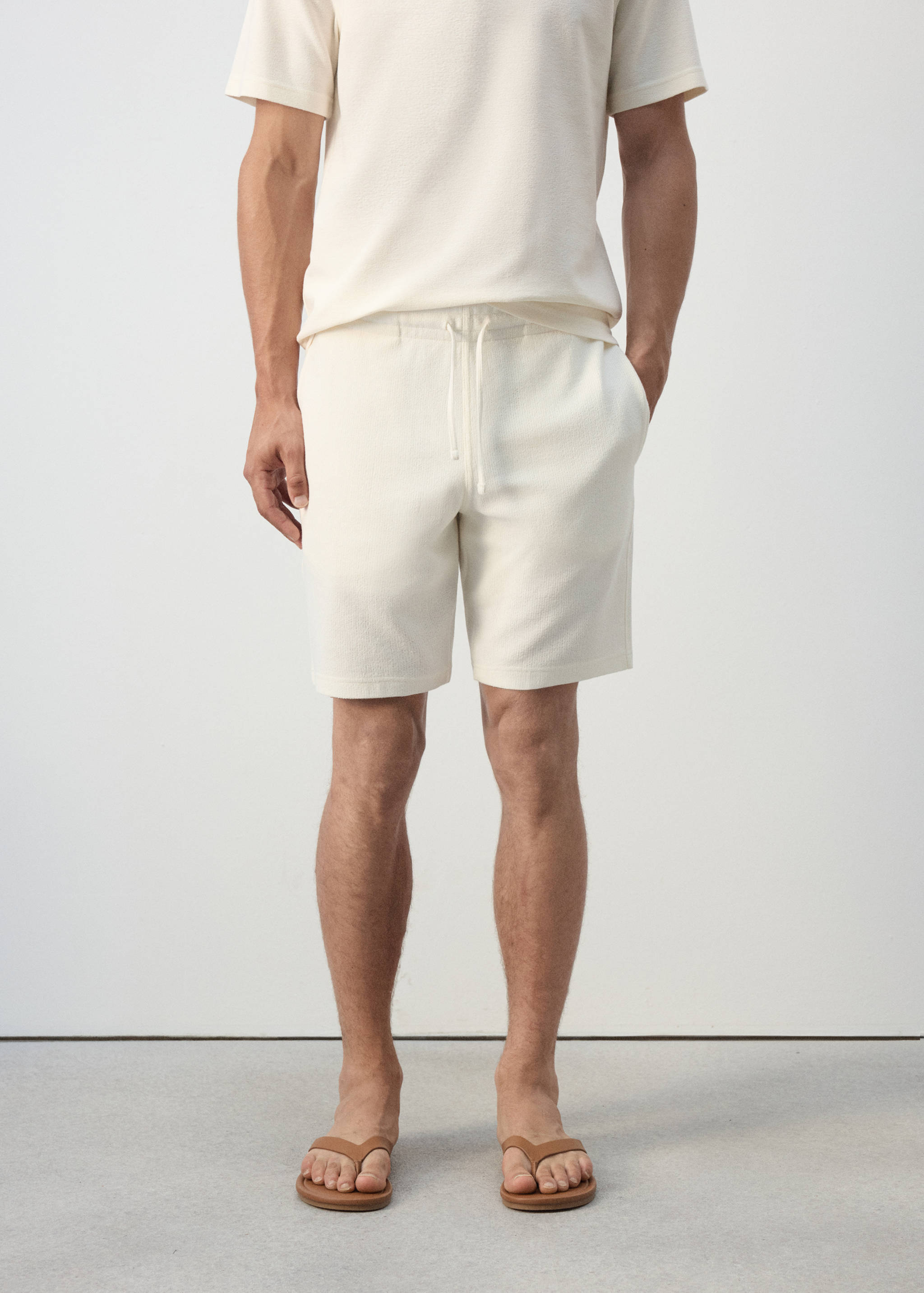 Textured cotton blend Bermuda shorts with drawstring - Medium plane