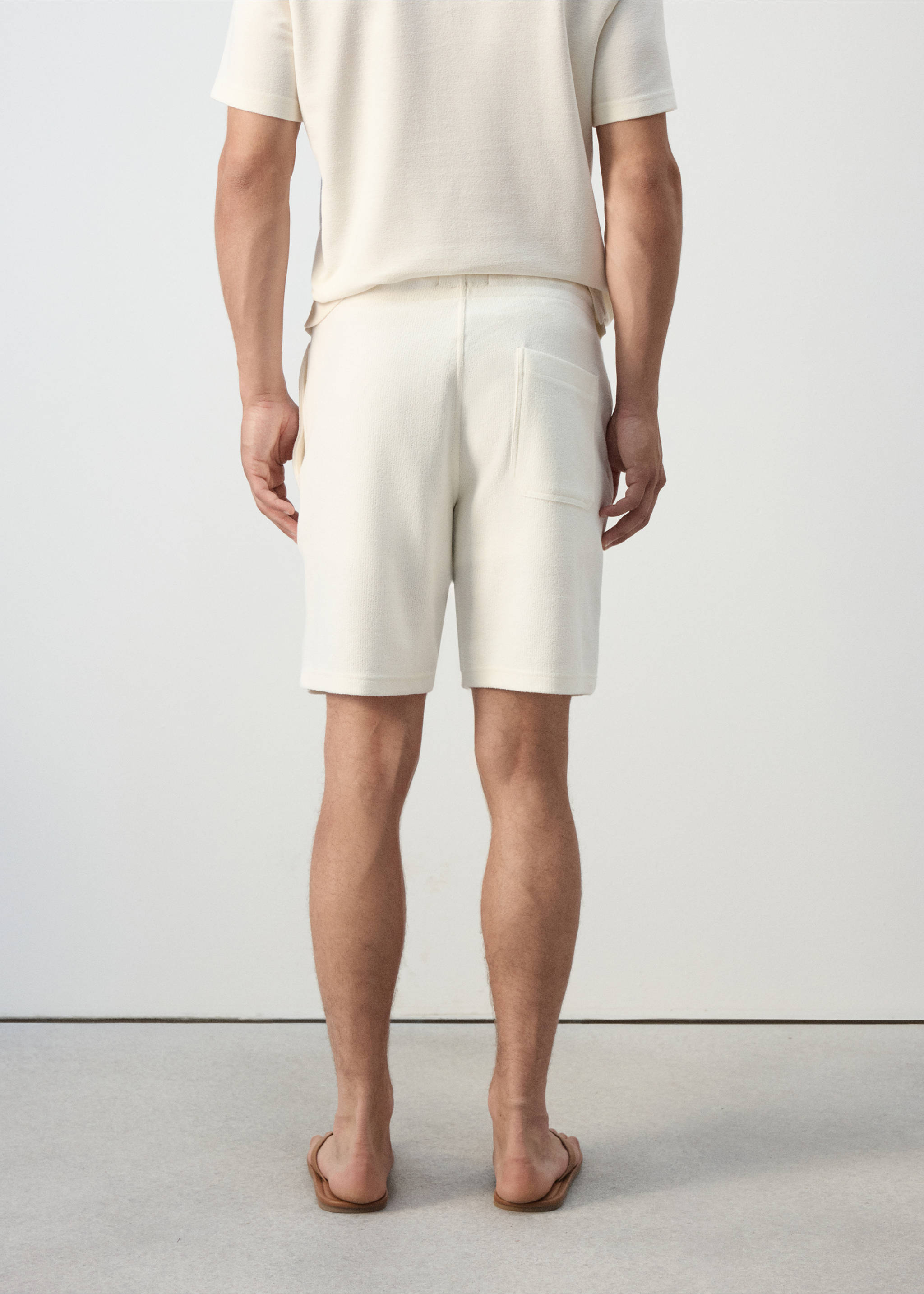 Textured cotton blend Bermuda shorts with drawstring - Reverse of the article, White. Ref: 37052898-00.