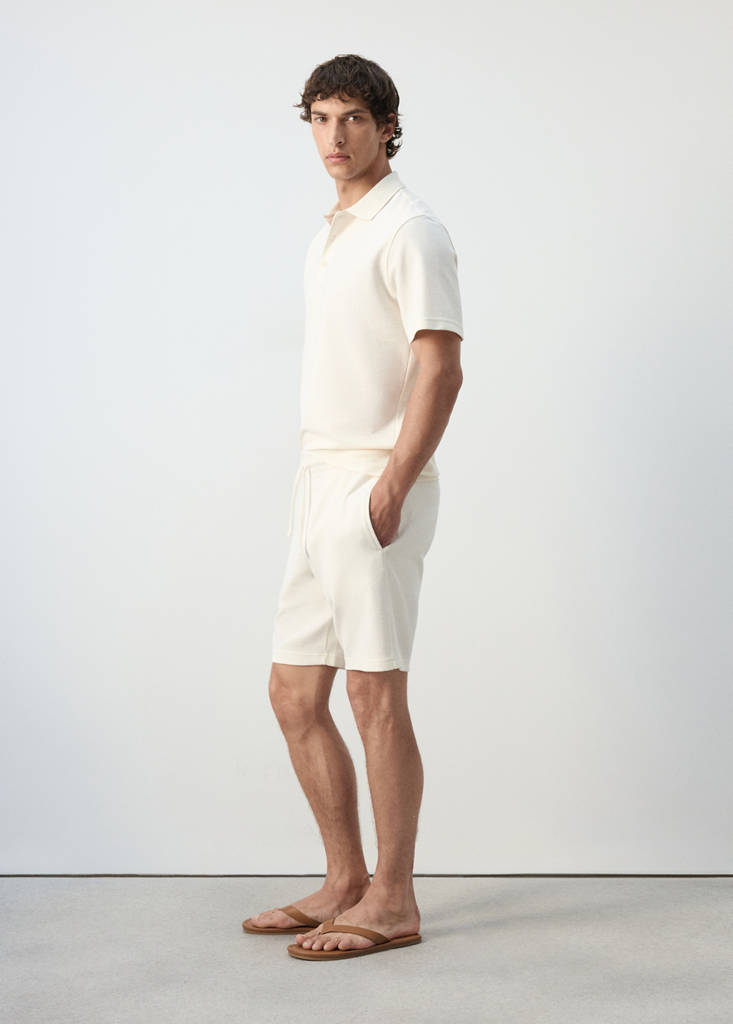 Textured cotton blend Bermuda shorts with drawstring — White