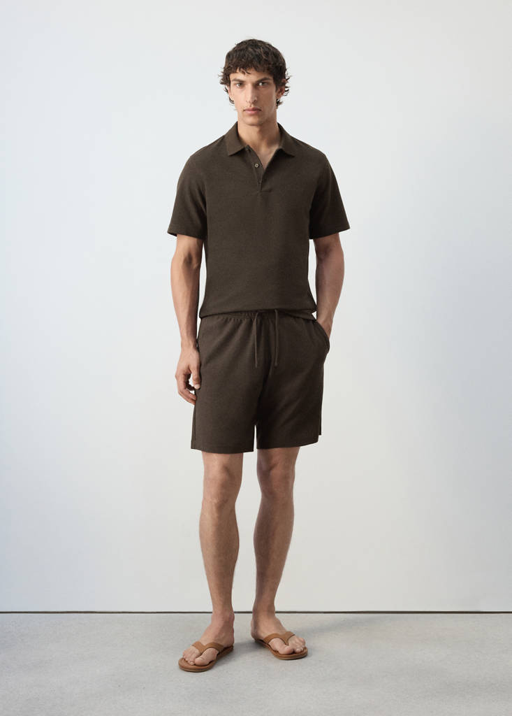 Textured cotton blend Bermuda shorts with drawstring — Brown