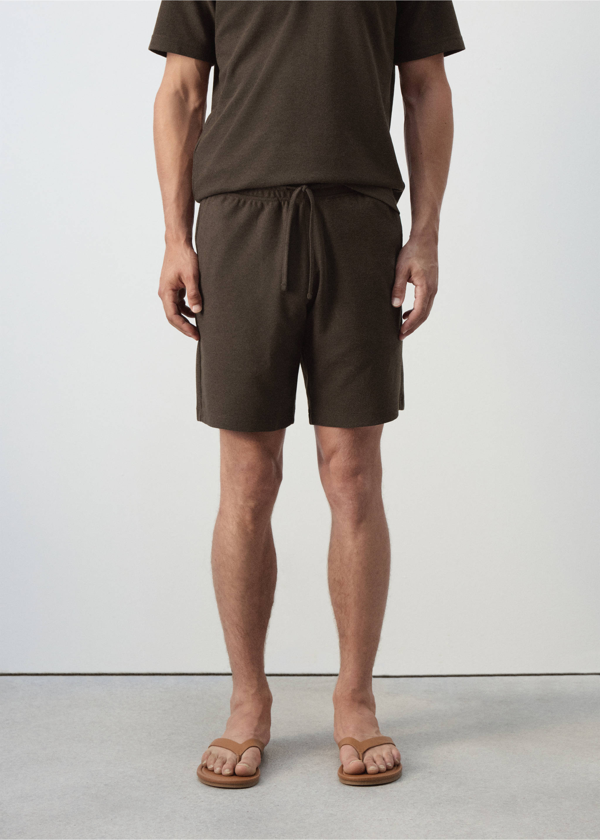 Textured cotton blend Bermuda shorts with drawstring - Medium plane, Brown. Ref: 37052898-00.