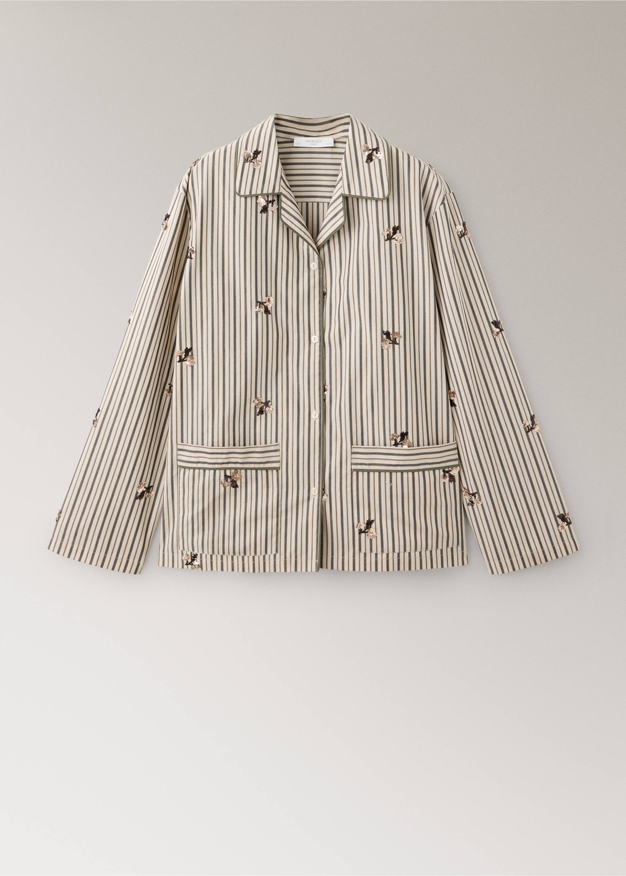 Striped shirt with embroidered flowers and sequins - Article without model, Sand. Ref: 37052917-00.