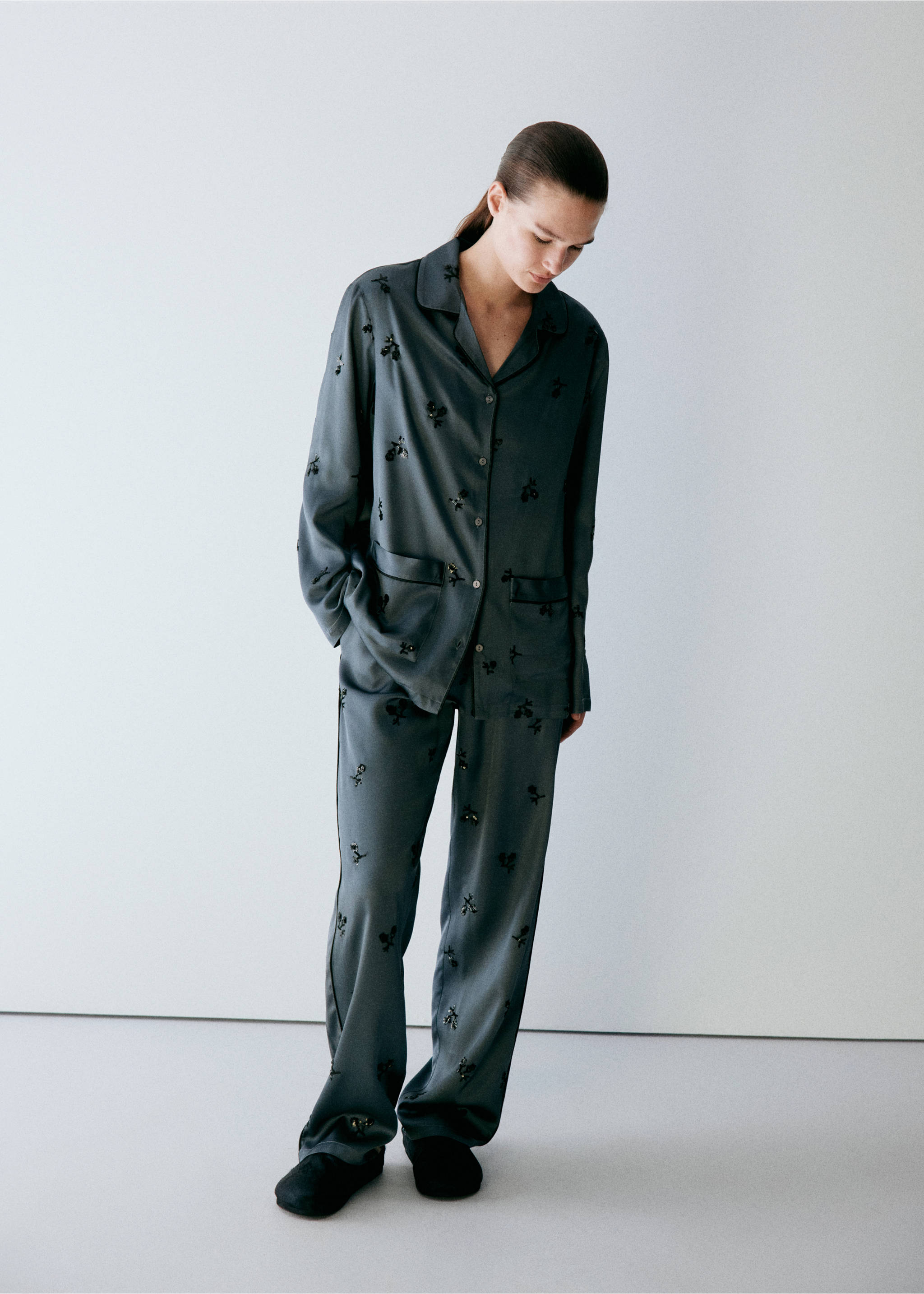 Sequin satin pyjama shirt - General plane, Blue. Ref: 37052918-00.