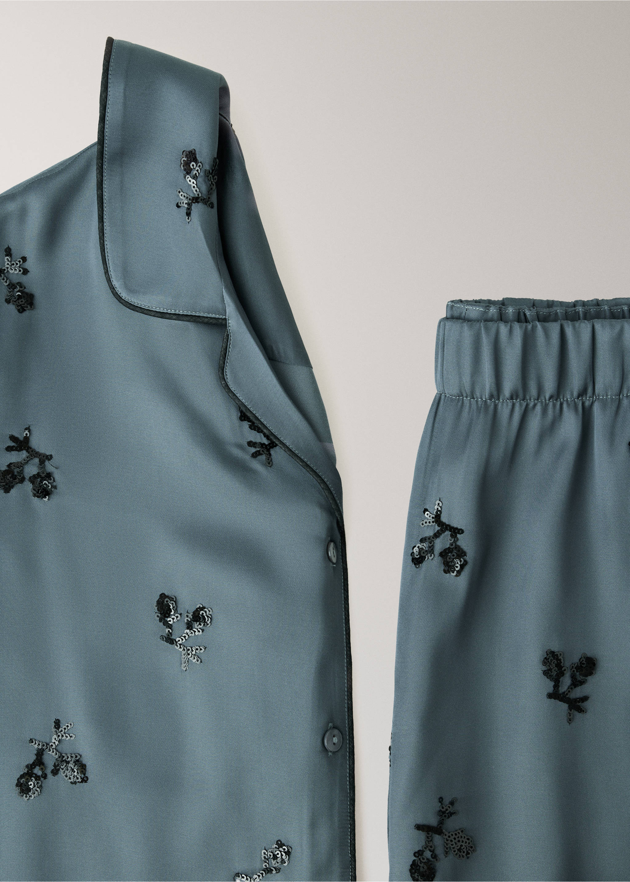 Sequin satin pyjama shirt - Details of the article 0, Blue. Ref: 37052918-00.